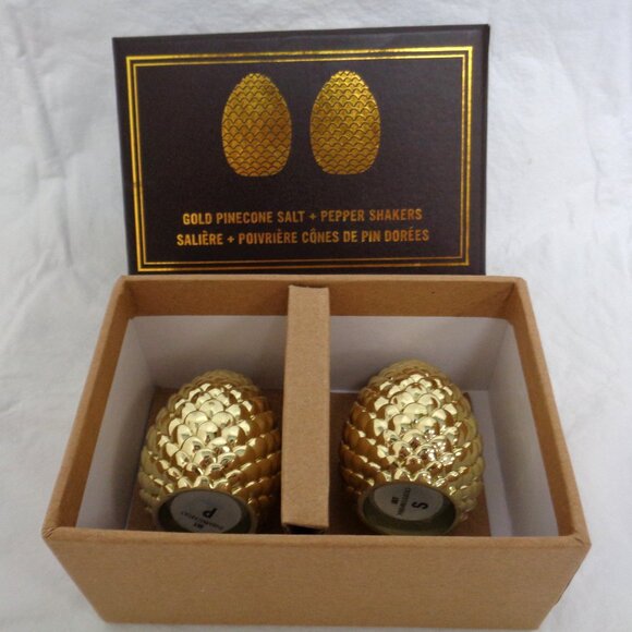 WEST ELM gold pinecone salt & pepper shakers NIB Holiday Tableware - Picture 2 of 6